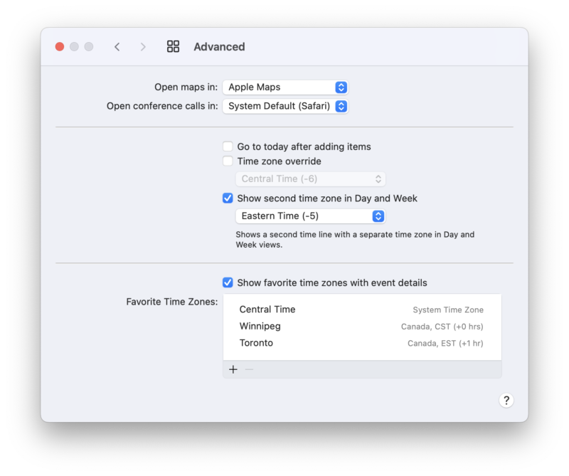 Screenshot of Fantastical's Advanced Settings pane showing all of the options for time zone manipulation.