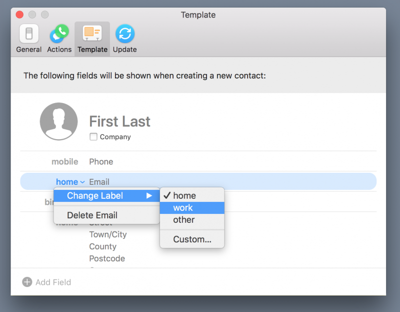 Changing labels in Cardhop's template preferences
